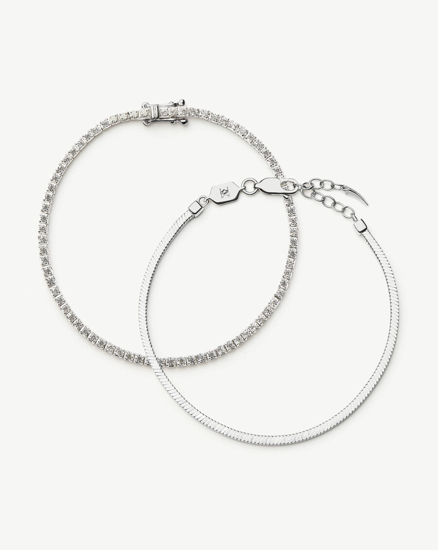 klassisches tennis- und schlangenketten-armband-set – sterlingsilber