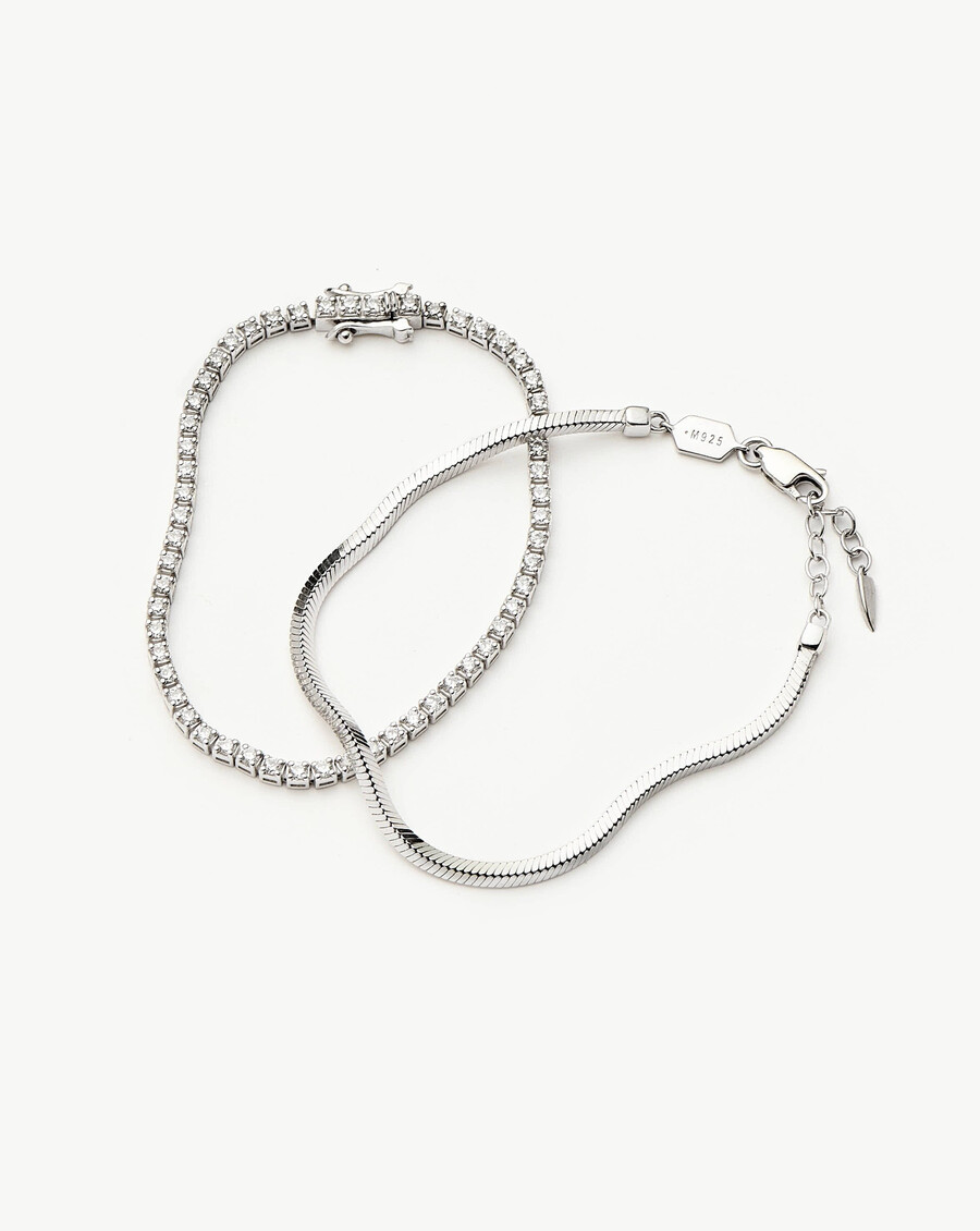 klassisches tennis- und schlangenketten-armband-set – sterlingsilber