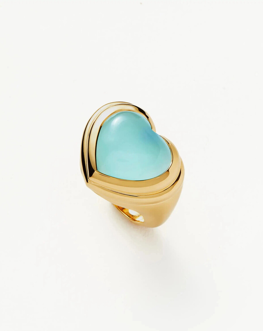 herzförmiger edelsteinring – 18 karat vergoldetaquamarinblauer chalcedon