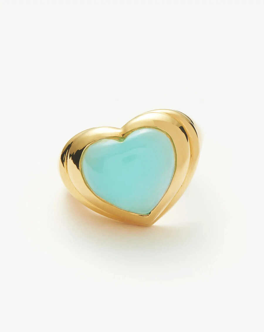herzförmiger edelsteinring – 18 karat vergoldetaquamarinblauer chalcedon